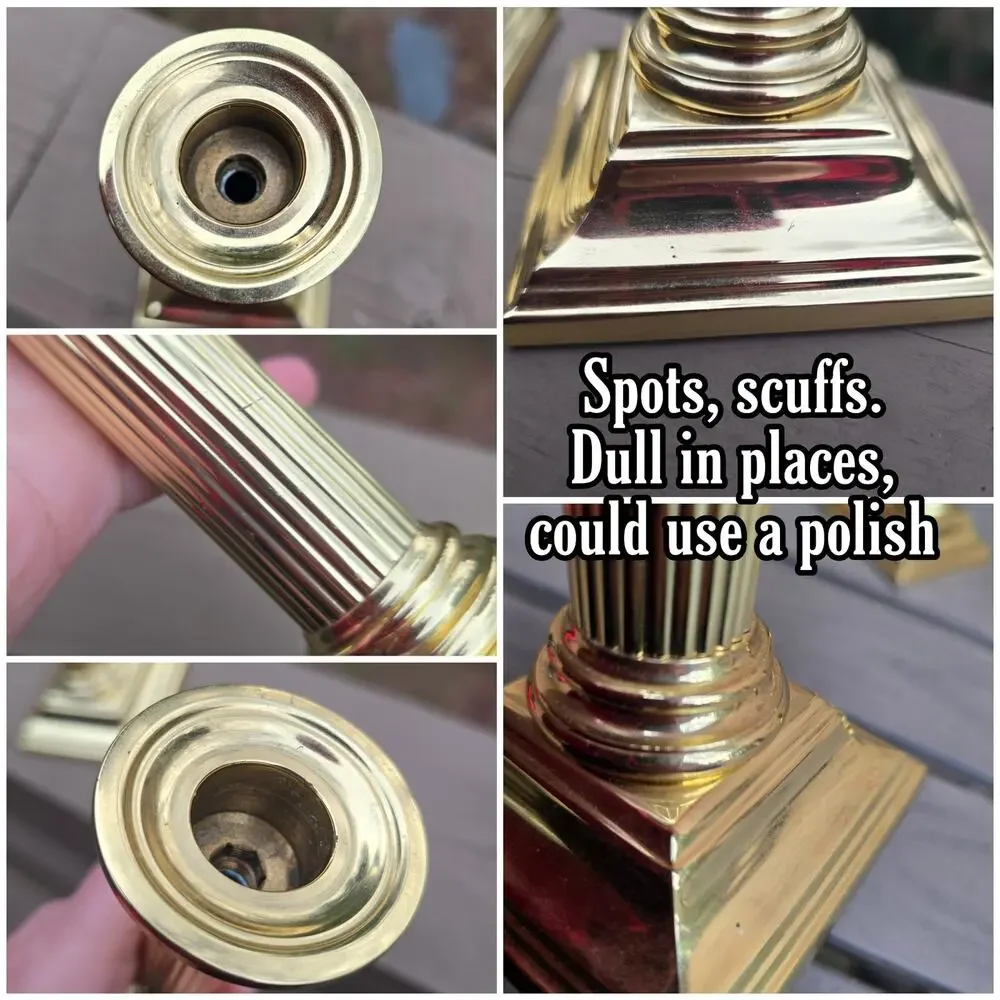 Baldwin Brass Column Candlesticks Smithsonian Shiny Gold Tone Metal Set of 3 Vtg